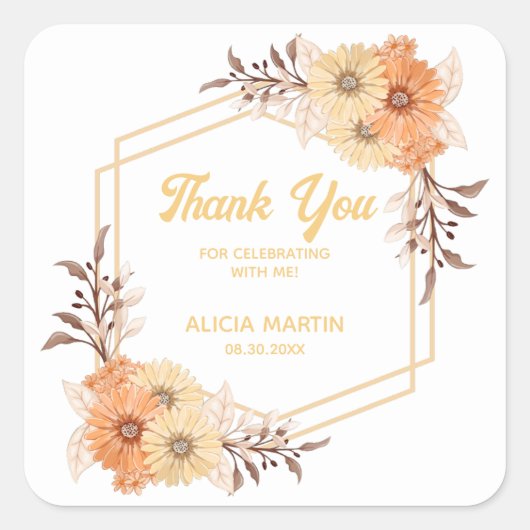 Herfst Sinaasappel Bloem Goud Wit Dank u Vierkante Sticker (Voorkant)