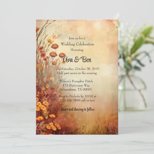 Herfst Sinaasappel Bloemen Rustiek Huwelijksfeest Kaart (Staand voorkant)