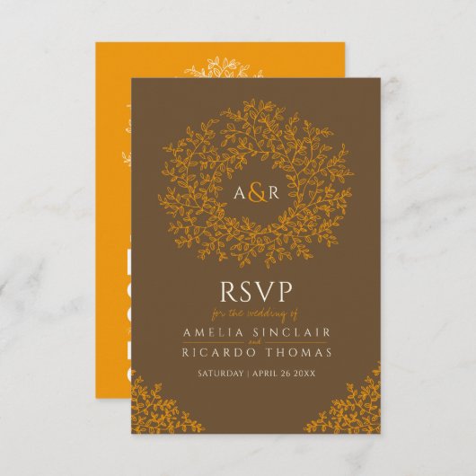 Herfst sinaasappel bruine bladeren monogram RSVP b (Voorkant / Achterkant)