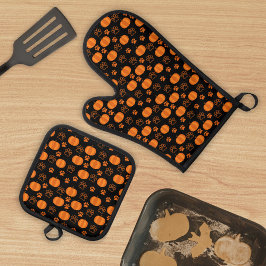 Herfst Sinaasappel en Zwart Pompoenen en Paws Hall Ovenwant & Pannenlap Set