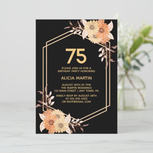 Herfst Sinaasappel Flower Gold Black Adult Verjaar Kaart (Staand voorkant)