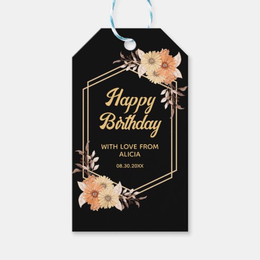 Herfst Sinaasappel Flower Gold Black Happy Birthda Cadeaulabel (Voorkant)