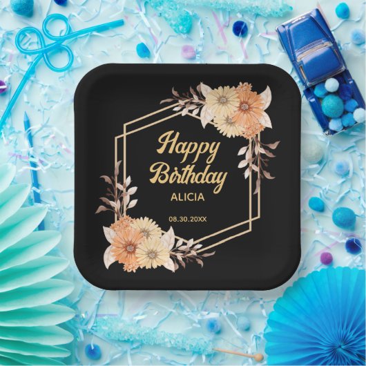 Herfst Sinaasappel Flower Gold Black Happy Birthda Papieren Bordje (Feest)