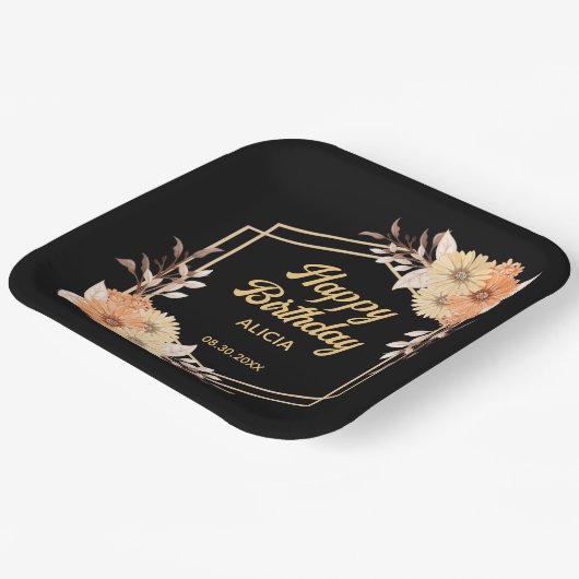 Herfst Sinaasappel Flower Gold Black Happy Birthda Papieren Bordje (Gebogen)