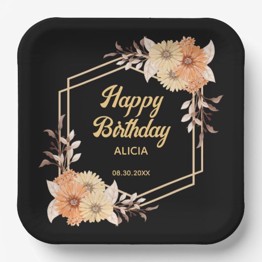 Herfst Sinaasappel Flower Gold Black Happy Birthda Papieren Bordje (Voorkant)