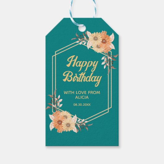 Herfst Sinaasappel Flower Gold Blauwgroen Happy Bi Cadeaulabel (Voorkant)