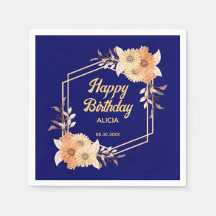 Herfst Sinaasappel Flower Gold Navy Blue Happy Bir Servet