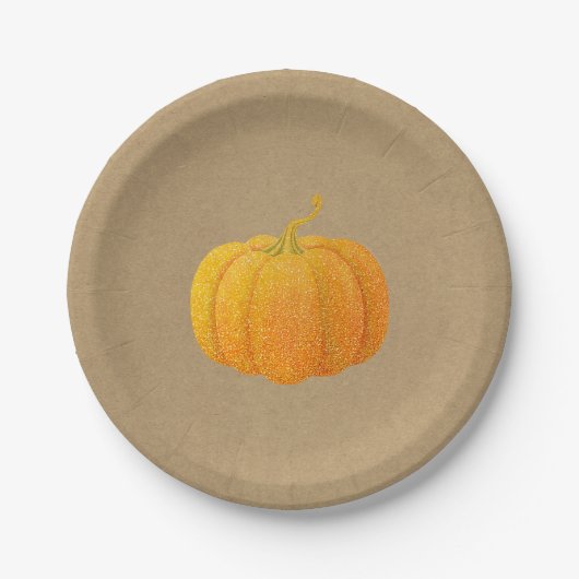 Herfst Sinaasappel Glitter Autumn Pumpkin Kraft Papieren Bordje (Voorkant)