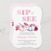 Herfst Sip & See Party Kaarten met roze grijze pom (Voorkant / Achterkant)