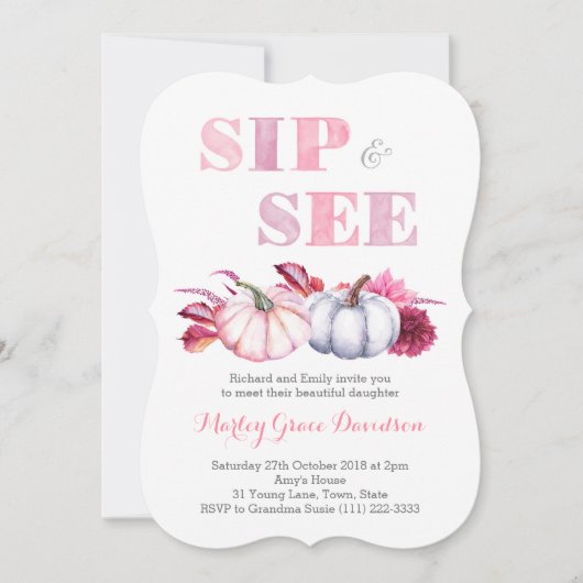 Herfst Sip & See Party Kaarten met roze grijze pom (Voorkant)