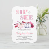 Herfst Sip & See Party Kaarten met roze grijze pom (Staand voorkant)