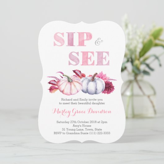 Herfst Sip & See Party Kaarten met roze grijze pom (Staand voorkant)