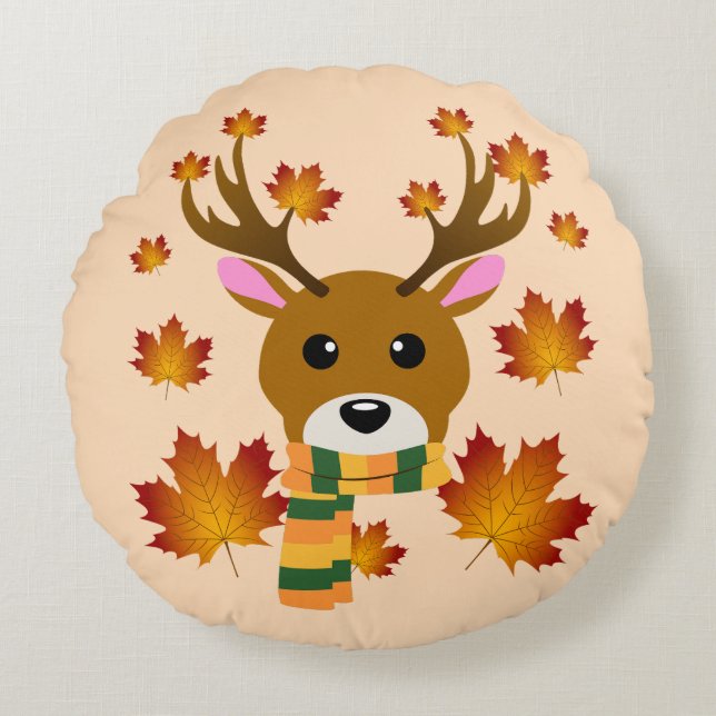 Herfst Sjaal Herten Maple Bladeren Rond Kussen (Voorkant)
