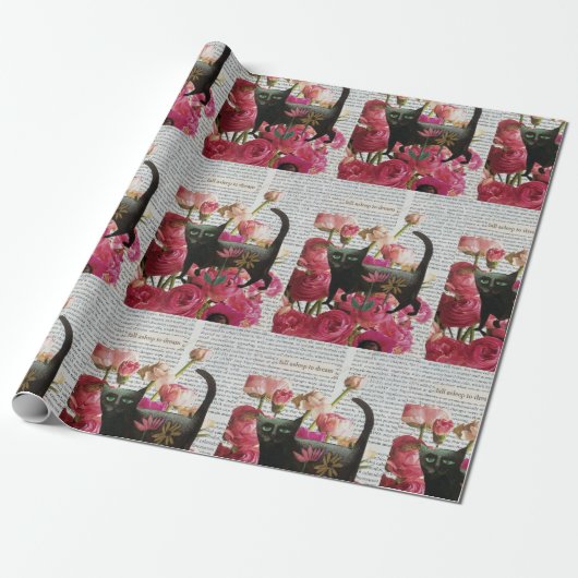 Herfst Slapen om te dromen Black Cat Hot Pink Flow Cadeaupapier (Uitgerold)