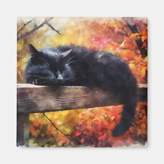 Herfst Slapen Zwarte Kat Magneet (Voorkant)