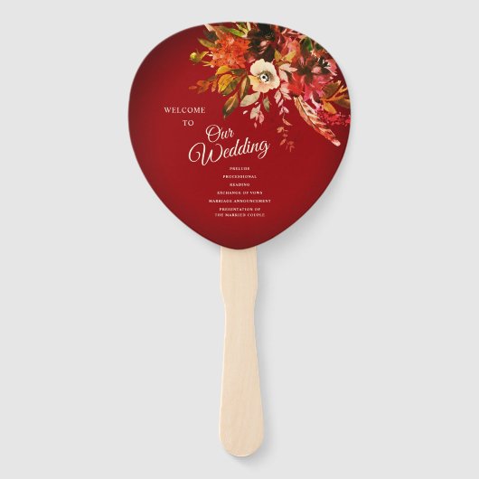 Herfst Splendor Bloemenrood Bruiloft Programma Handwaaier (Voorkant)