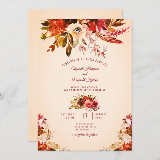Herfst Splendor Waterverf Bloemen Ivoor Bruiloft Kaart (Voorkant / Achterkant)