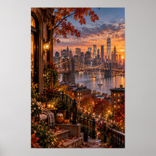 Herfst Stad Brug Zonsondergang Silhouet Muur Kunst Poster