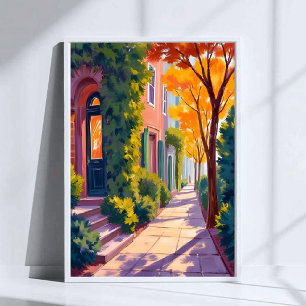 Herfst Stad Straat Gloed   Gezellige Herfst Waterv Poster