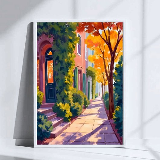 Herfst Stad Straat Gloed | Gezellige Herfst Waterv Poster