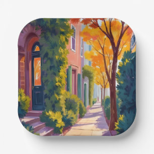 Herfst Stad Straat Gloed Knus Herfst Aquarel Papieren Bordje