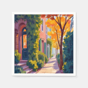 Herfst Stad Straat Gloed Knus Herfst Aquarel Servet