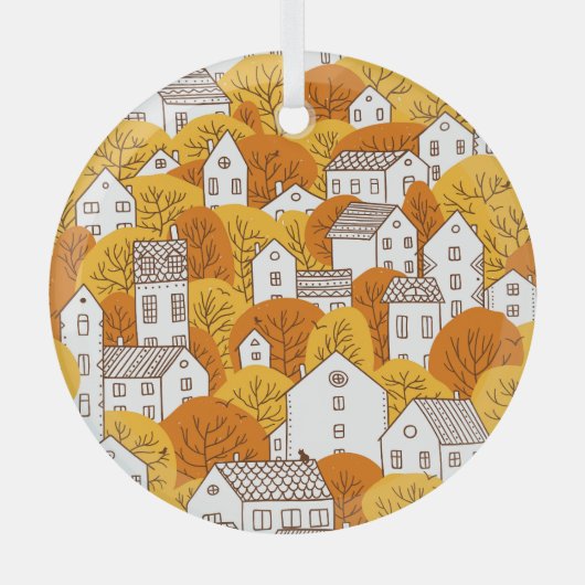 Herfst stadsgezicht, bomen huizen patroon. glas ornament (Voorkant)