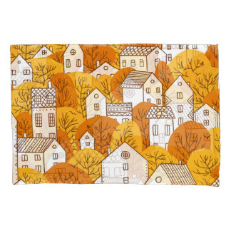 Herfst stadsgezicht, bomen huizen patroon. kussensloop