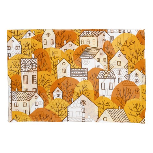 Herfst stadsgezicht, bomen huizen patroon. kussensloop (Voorkant)