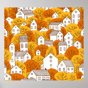 Herfst stadsgezicht, bomen huizen patroon. poster