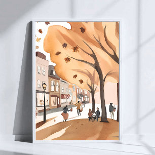 Herfst stadspark Waterverf kunst van herfstloof Poster