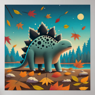 Herfst Stegosaurus met bladeren: Schattigee kunst  Poster