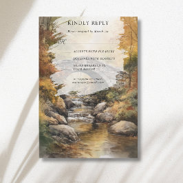 Herfst Stenen Brug Rivier Bladeren Val Trouwen RSVP Kaartje