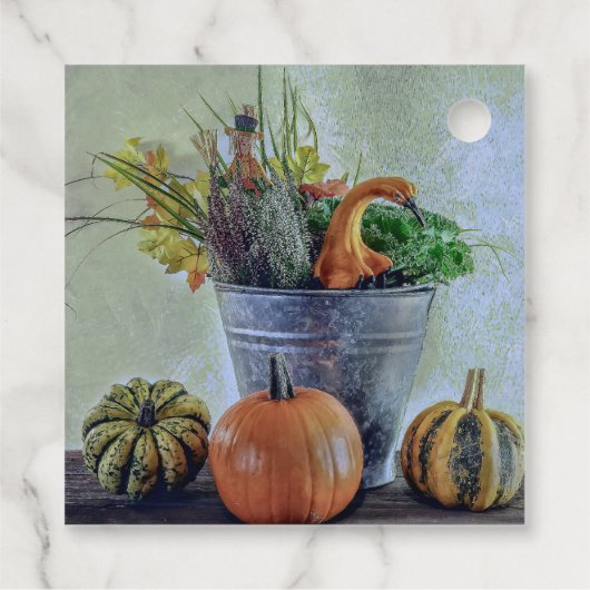 Herfst stilleven met pompoenen, bloemen bedankjes labels (Achterkant)