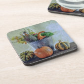 Herfst stilleven met pompoenen, bloemen bier onderzetter (Linkerzijde)