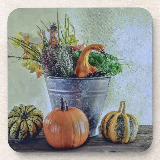 Herfst stilleven met pompoenen, bloemen bier onderzetter (Voorkant)