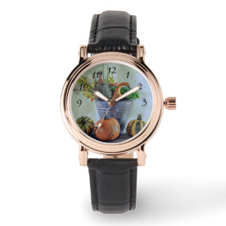 Herfst stilleven met pompoenen, bloemen horloge
