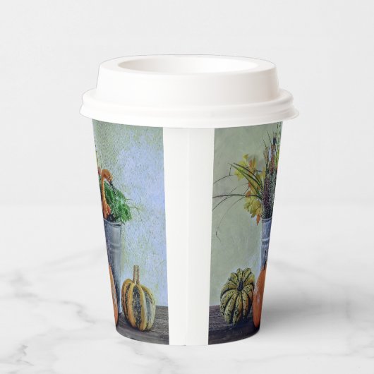 Herfst stilleven met pompoenen, bloemen papieren bekers (Rechts)