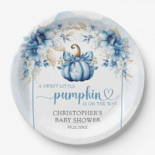 Herfst stoffige blauw en gouden pompoen bloemen bo papieren bordje