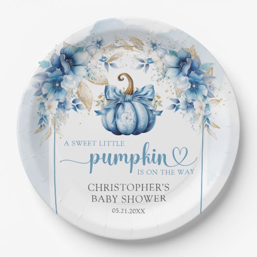 Herfst stoffige blauw en gouden pompoen bloemen bo papieren bordje (Voorkant)