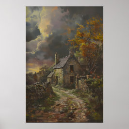 Herfst Stone Cottage Kunst, Rustieke Cottagecore D Poster