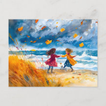 Herfst Stormy Beach met Hond waterverf schilderij
