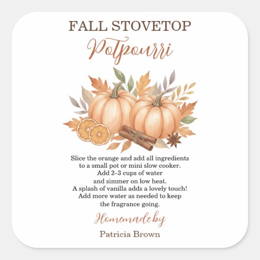 Herfst Stovetop Potpourri Recept Pompoen Vierkante Sticker (Voorkant)