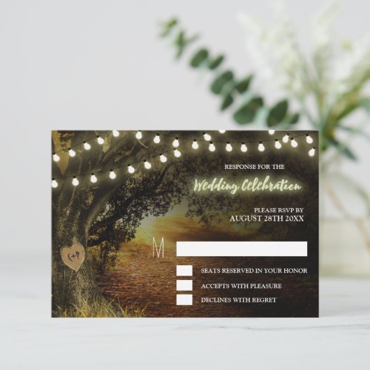 Herfst String Lights Eiken Boom Bruiloft RSVP Kaar (Staand voorkant)