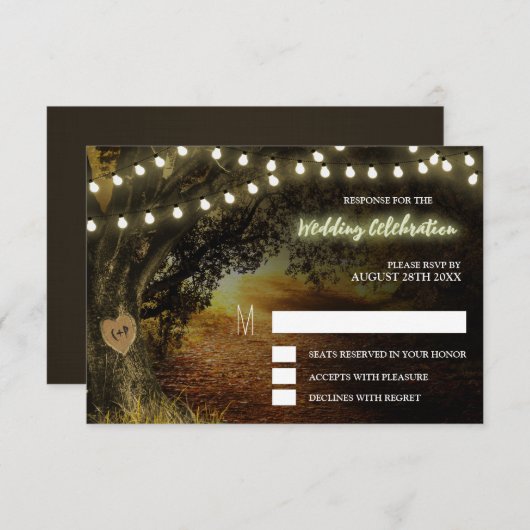 Herfst String Lights Eiken Boom Bruiloft RSVP Kaar (Voorkant / Achterkant)