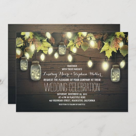 Herfst String Lights en Mason Jars Rustieke bruilo Kaart (Voorkant / Achterkant)