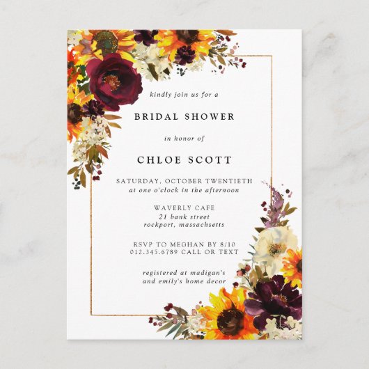 Herfst Sunflower Bridal Shower Invitation Briefkaart (Voorkant)
