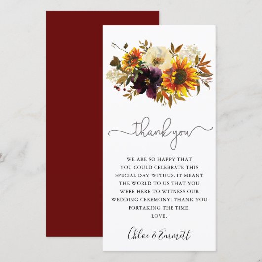 Herfst Sunflower Burgundy Floral Weddenschap Harte (Voorkant / Achterkant)