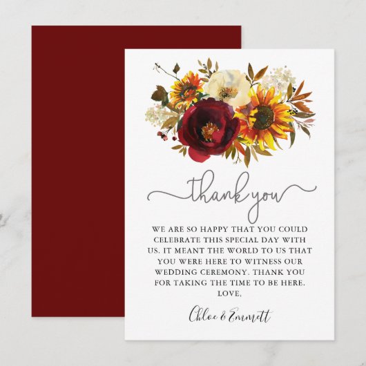 Herfst Sunflower Burgundy Floral Wedding Bedankkaart (Voorkant / Achterkant)