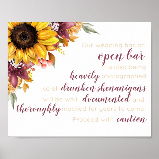 Herfst Sunflower Open Bar Wedding Poster (Voorkant)